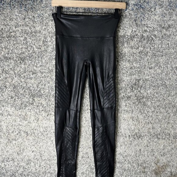 Spanx Leggings Womens Small Petite Black Faux Leather Moto High Waist Shaping - Picture 1 of 7